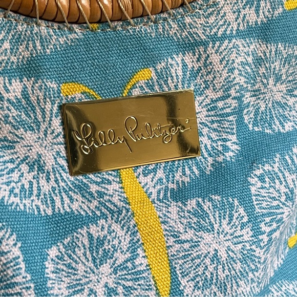 Lilly Pulitzer Beach Bag Blue and Yellow Paisley Tote with Bamboo Handles - Picture 3 of 10